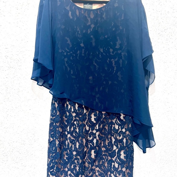 Adrianna Papell navy blue asymetrical overlay draped Dress 12 - Picture 6 of 12